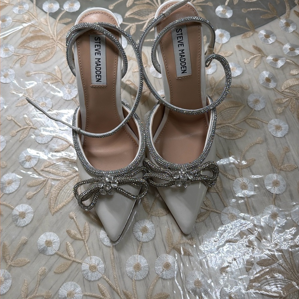 Steve Madden White Embellished Heels with Silver Accents